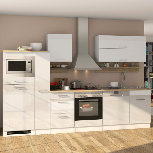 Kitchenette Ragnar 310cm avec micro-ondes, réfrigérateur, four et lave-vaisselle - blanc brillant
