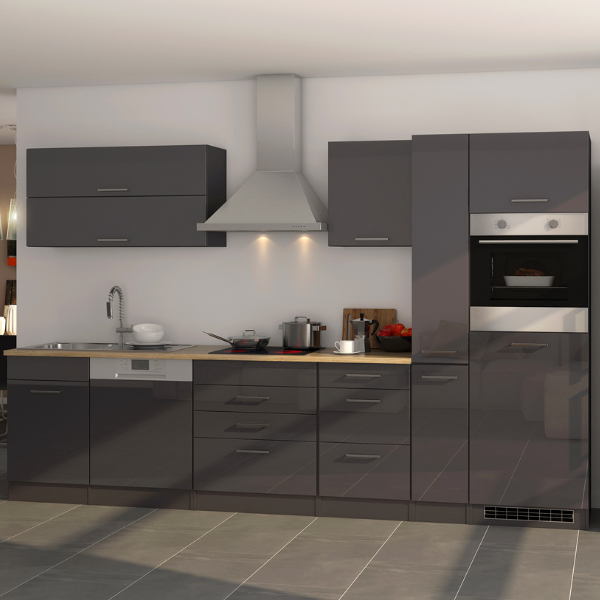 Kitchenette Ragnar 330cm avec réfrigérateur, lave-vaisselle et four - anthracite brillant