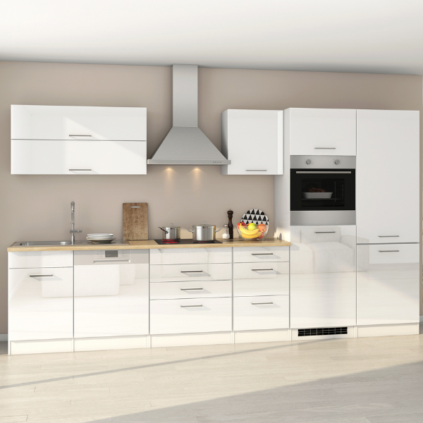 Kitchenette Ragnar 360cm avec réfrigérateur-congélateur, lave-vaisselle et four - blanche brillant