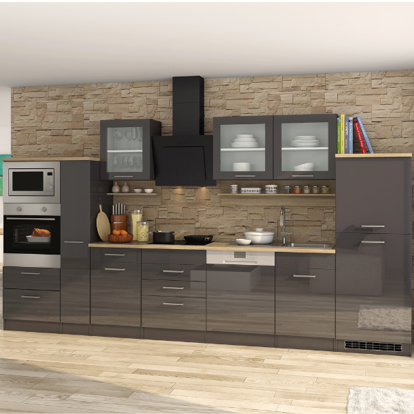 Kitchenette Ragnar 370cm avec four, micro-ondes, lave-vaisselle et réfrigérateur - anthracite brillant