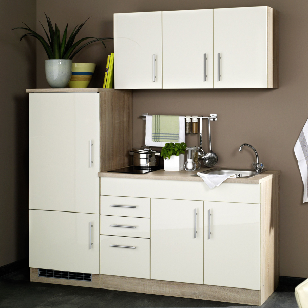 Kitchenette Toto 180cm avec plaque de cuisson et réfrigérateur - crème brillant