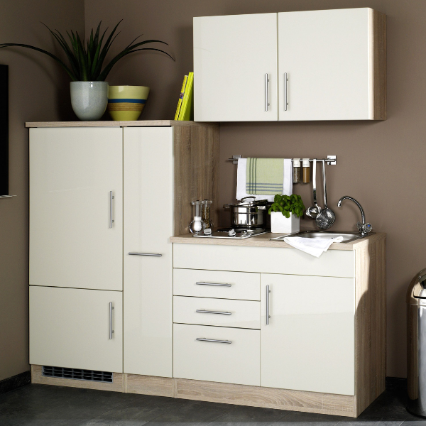 Kitchenette Toto 190cm avec plaque de cuisson et réfrigérateur - crème brillant