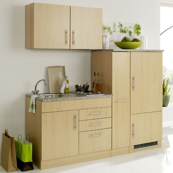 Kitchenette Toto 190cm avec plaque de cuisson et réfrigérateur - hêtre/marbre