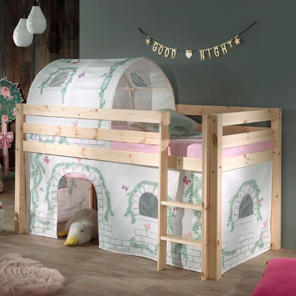 Lit mi-hauteur Charlotte avec tente et tunnel de lit Birdy - bois de pin