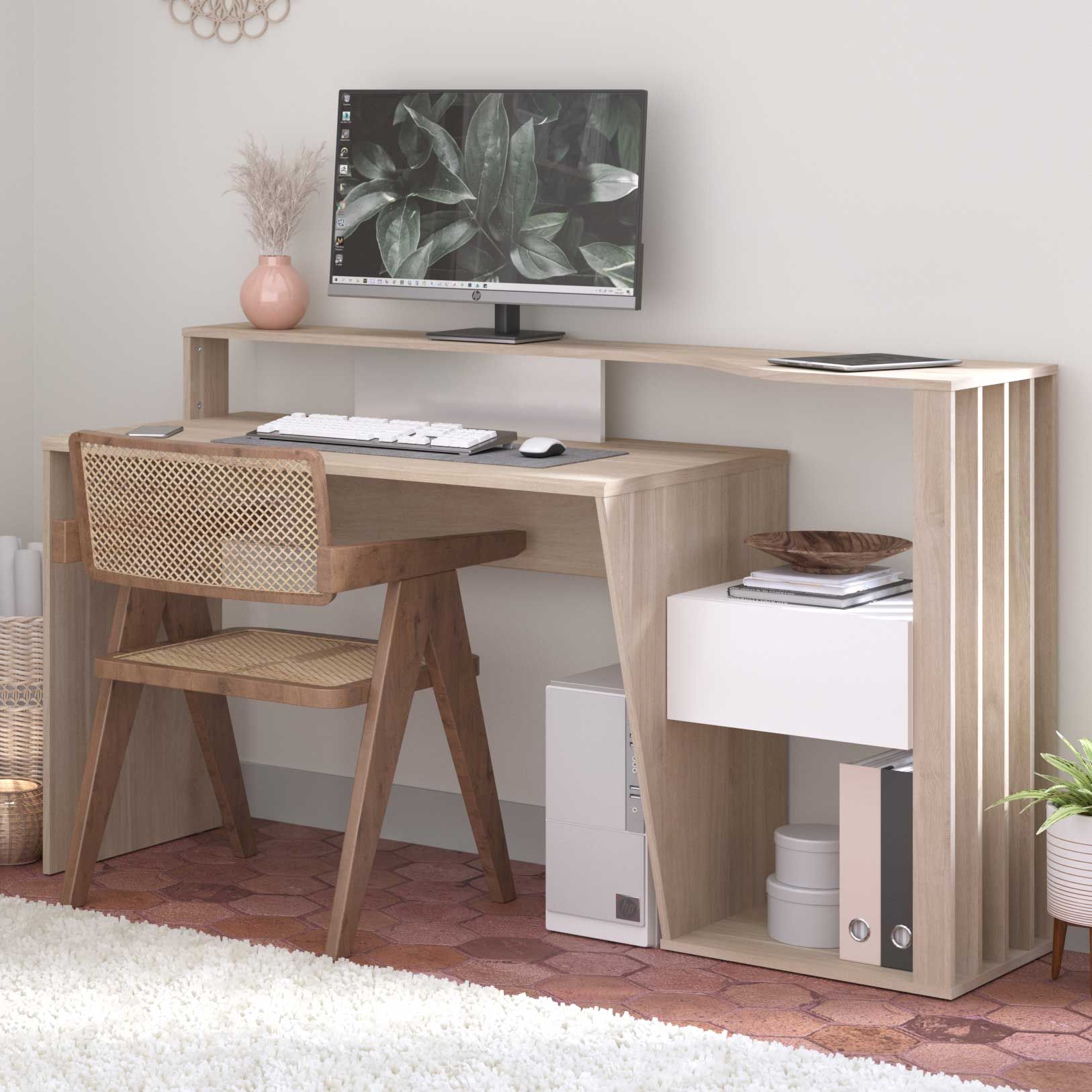 Bureau Bloom-157cm-1 tiroir, 1 compartiment ouvert-blanc/chêne