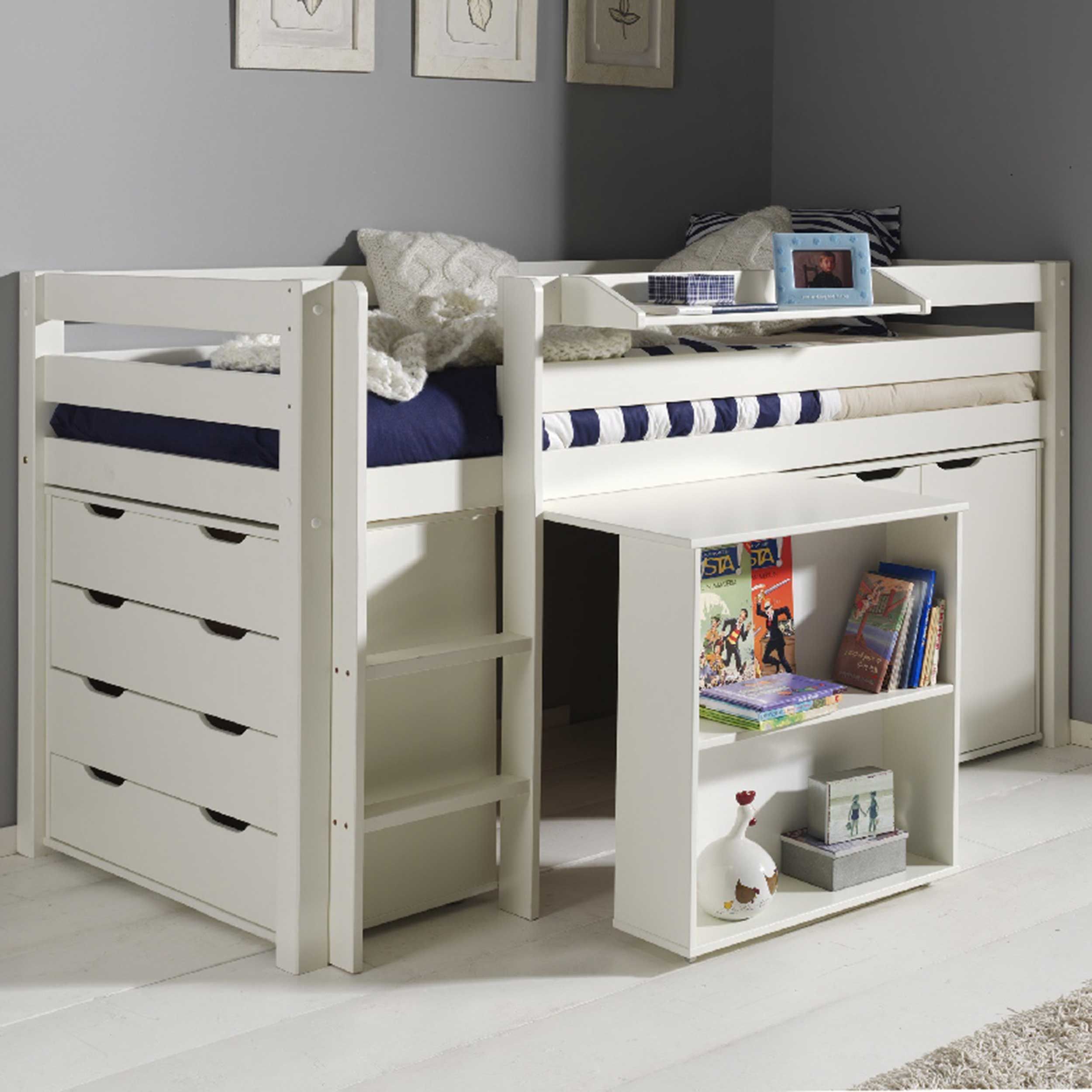 Lit mi-hauteur Charlotte avec étagère, bureau, commode et chiffonnier - blanc