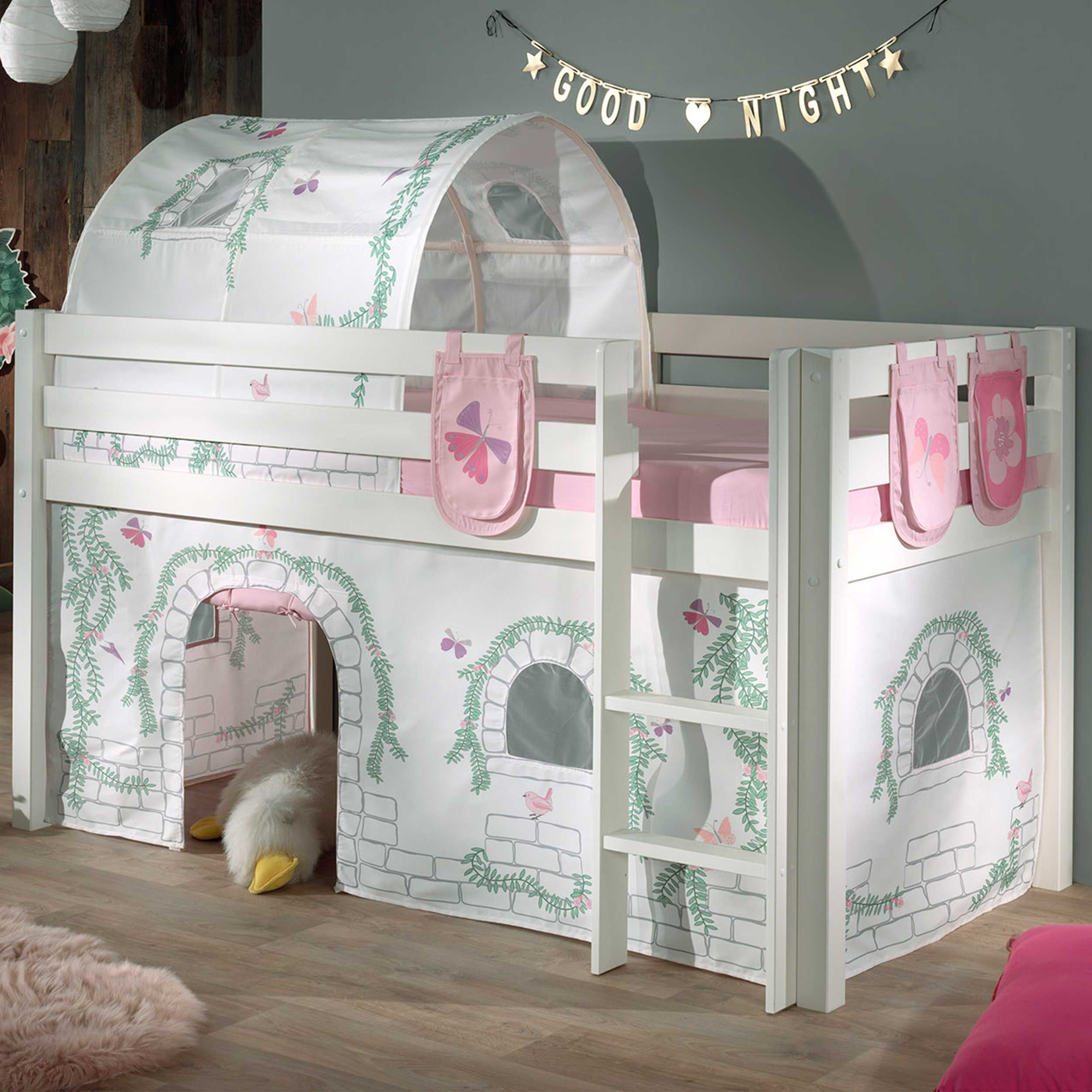 Lit mi-hauteur Charlotte avec tente et tunnel de lit et sacs de rangement Birdy - blanc