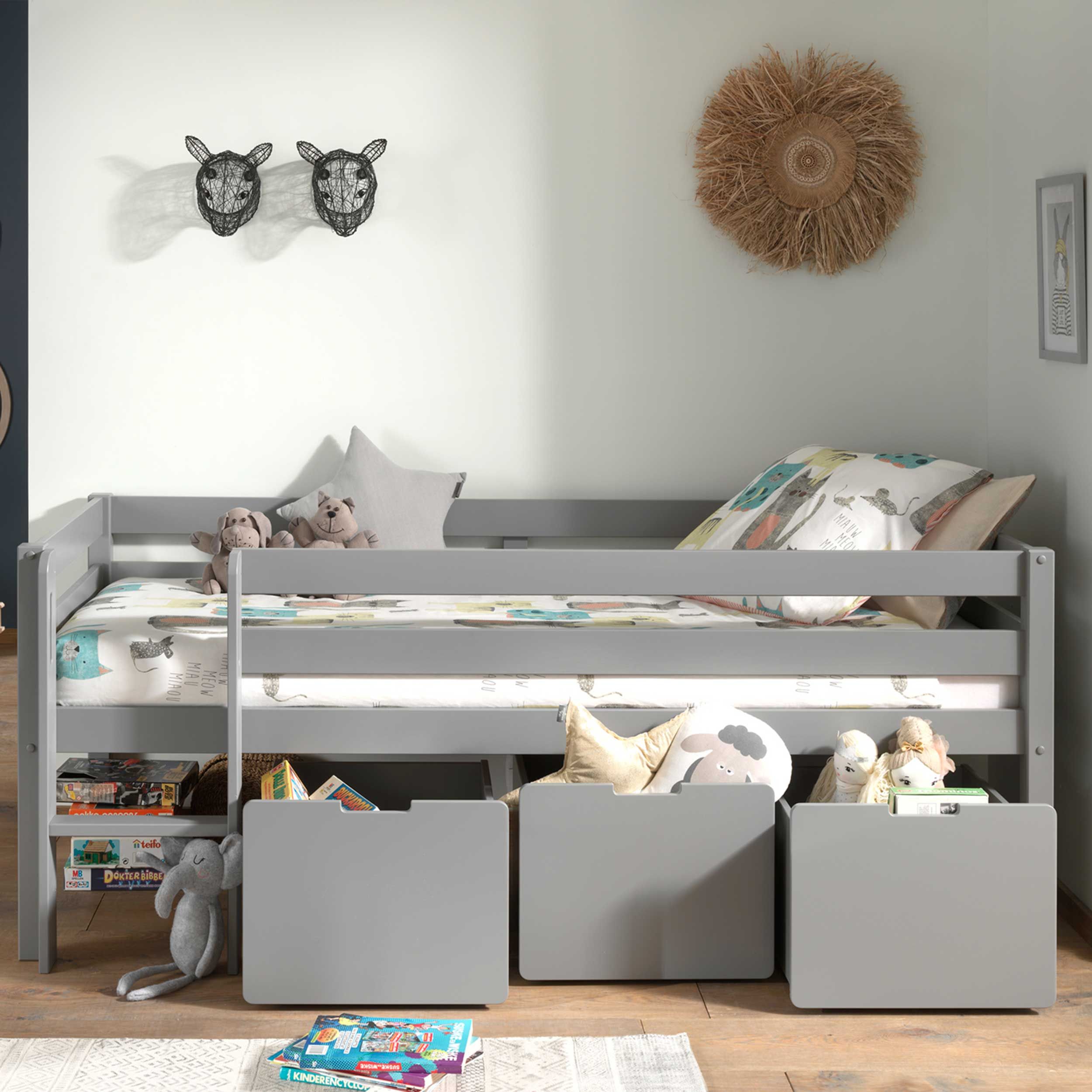 Lit mi-hauteur Pip avec 3 tiroirs 90 x 200 bois de pin - gris