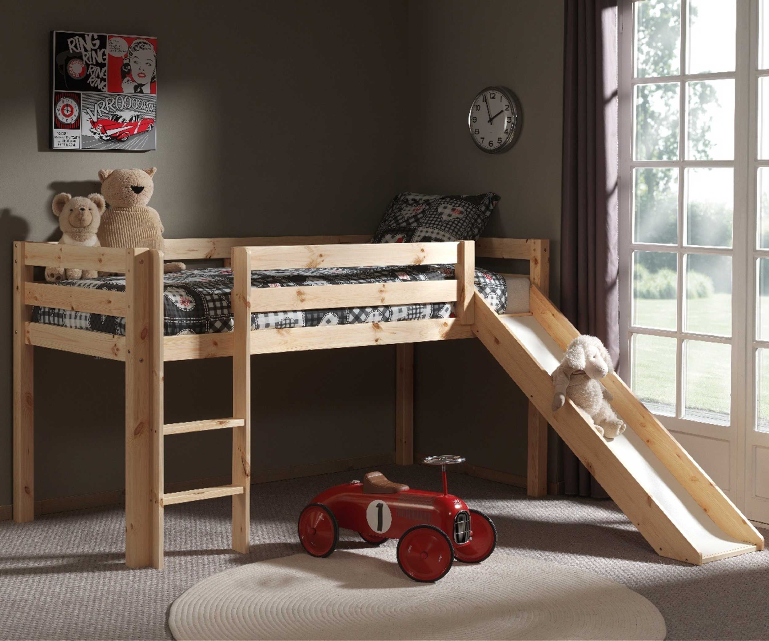 Lit mi-hauteur avec toboggan Astrid - bois de pin