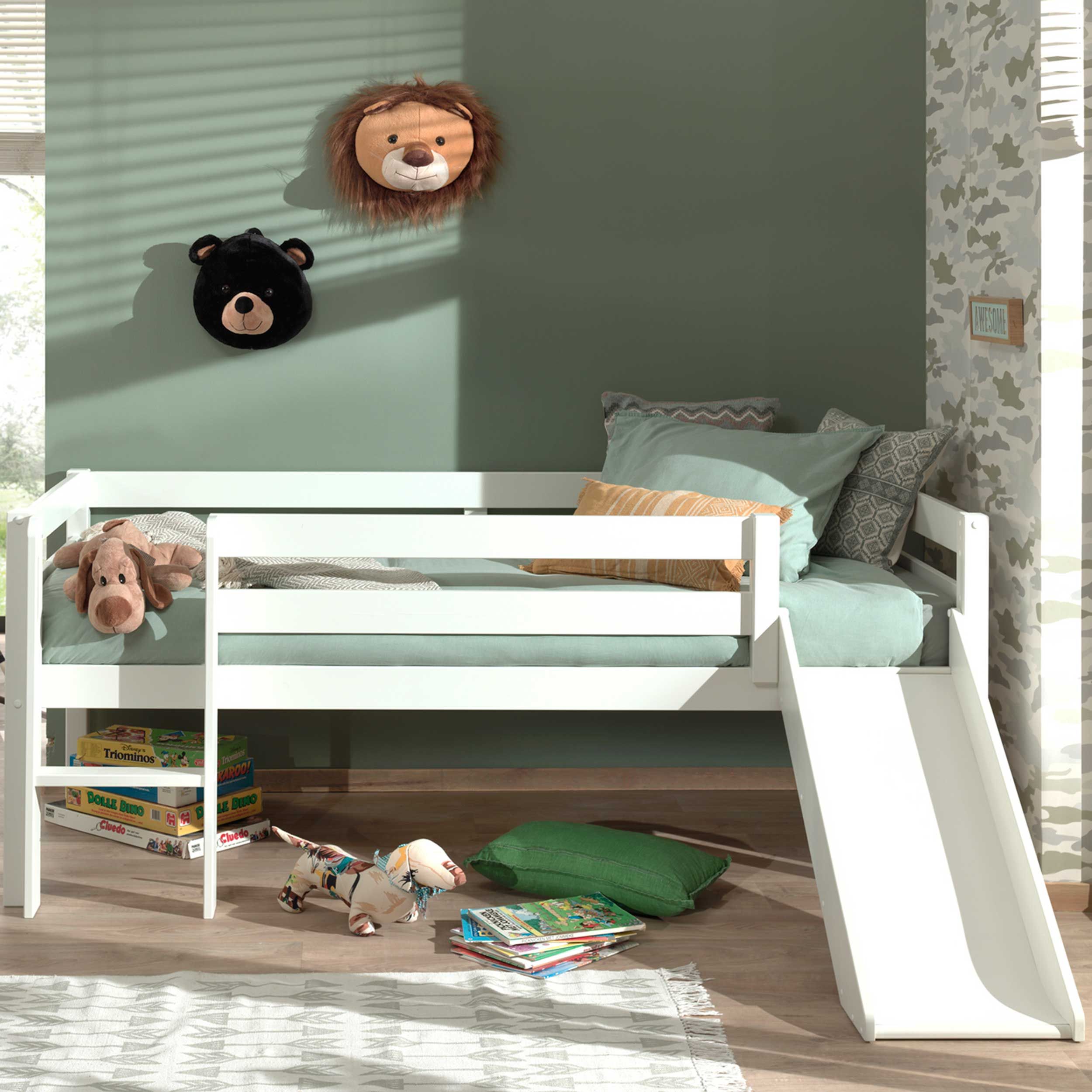 Lit mi-hauteur Pip avec toboggan 90 x 200 bois de pin - blanc