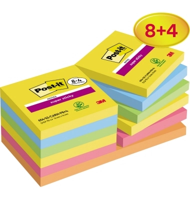 Pack promo bloc notes post it super sticky collection carnival 76 x 76mm 8 blocs + 4 offerts 90 feuilles