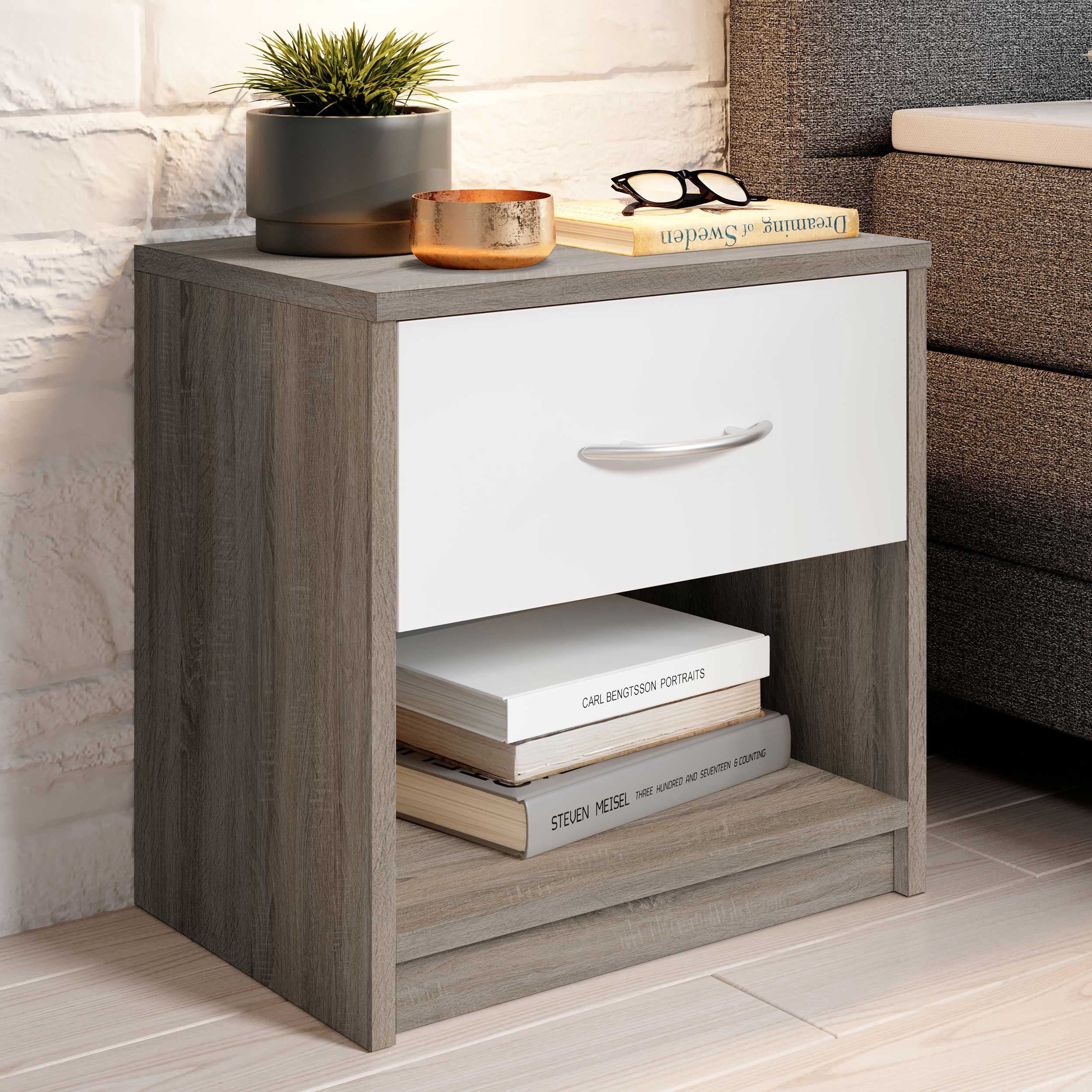 Table de chevet Beppu avec 1 tiroir - gris/blanc