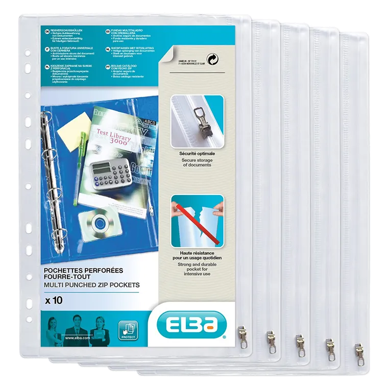 Pochette oxford fourre-tout a zip perforee pvc lisse 305x210mm coloris transparent lot 10 unites