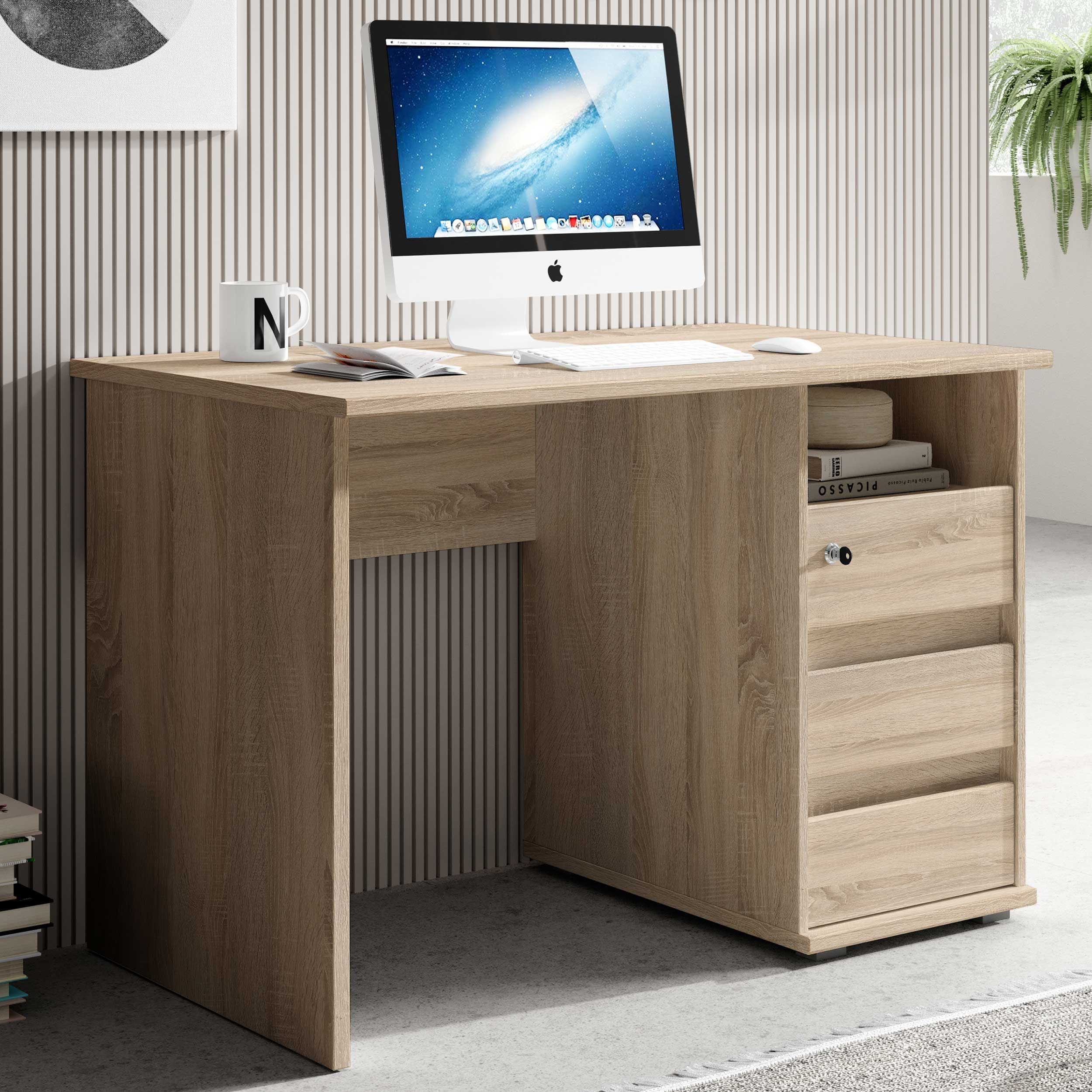 Bureau Primos 110cm avec 3 tiroirs - chêne