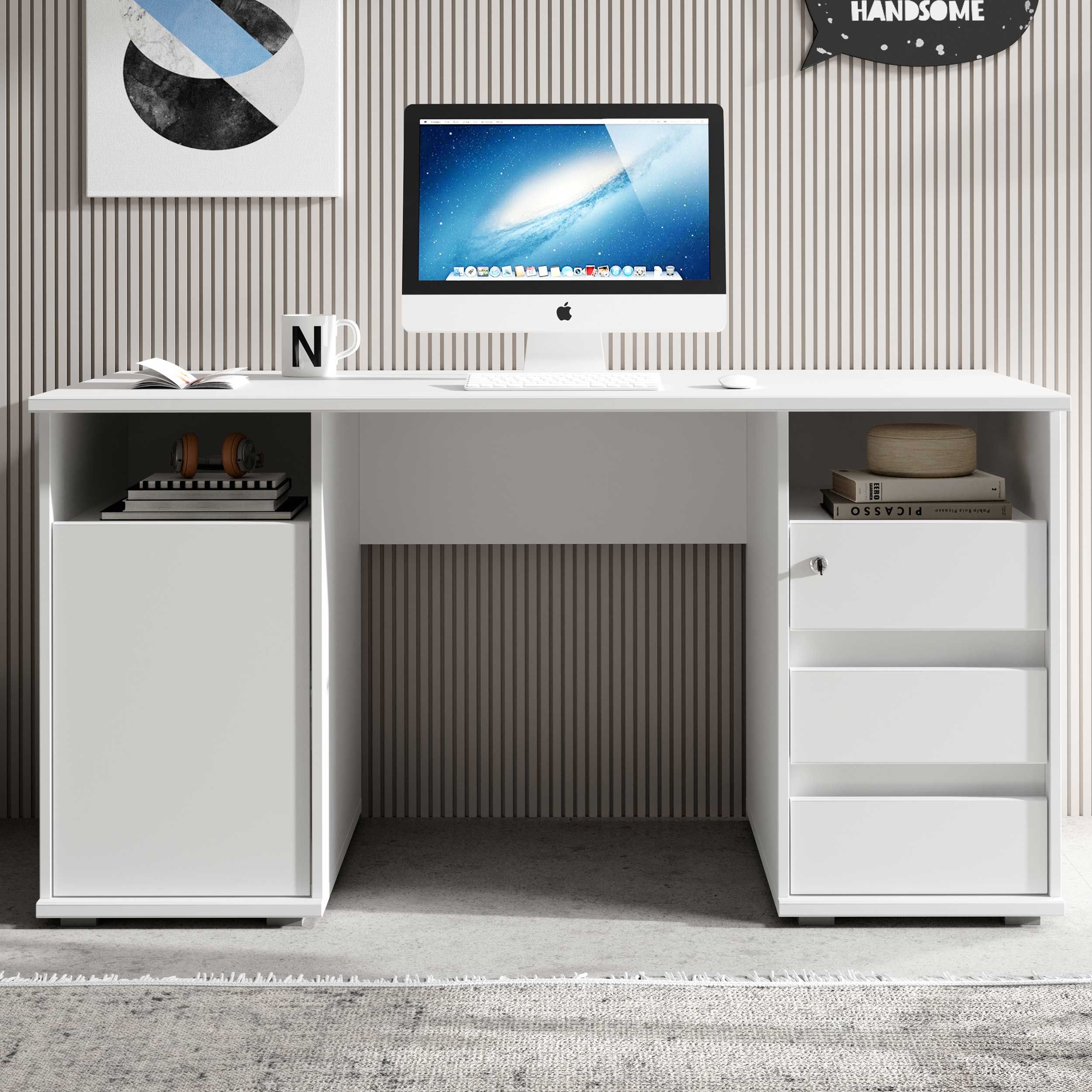Bureau Primos 145cm avec 3 tiroirs & 1 porte - blanc