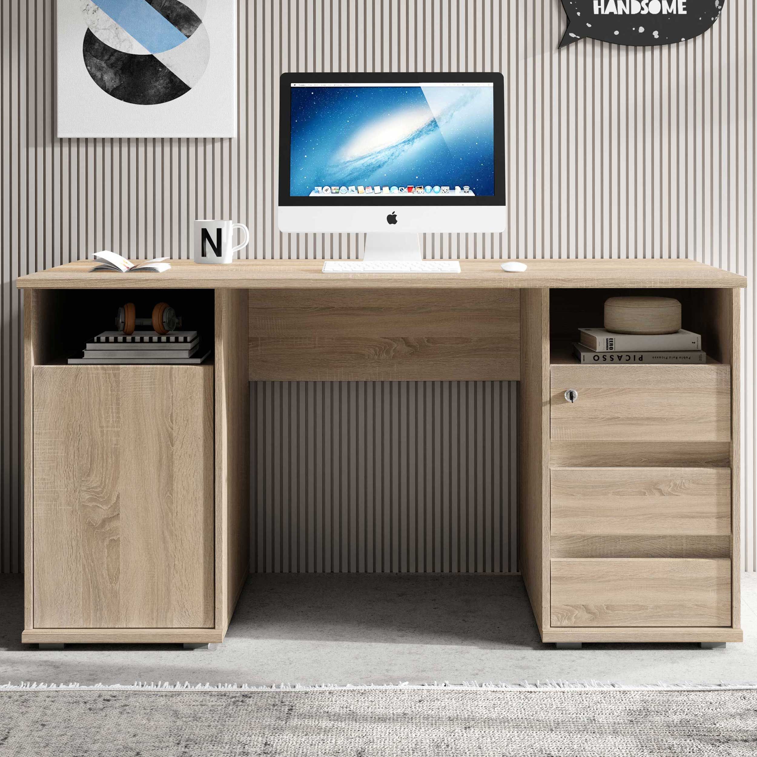 Bureau Primos 145cm avec 3 tiroirs & 1 porte - chêne