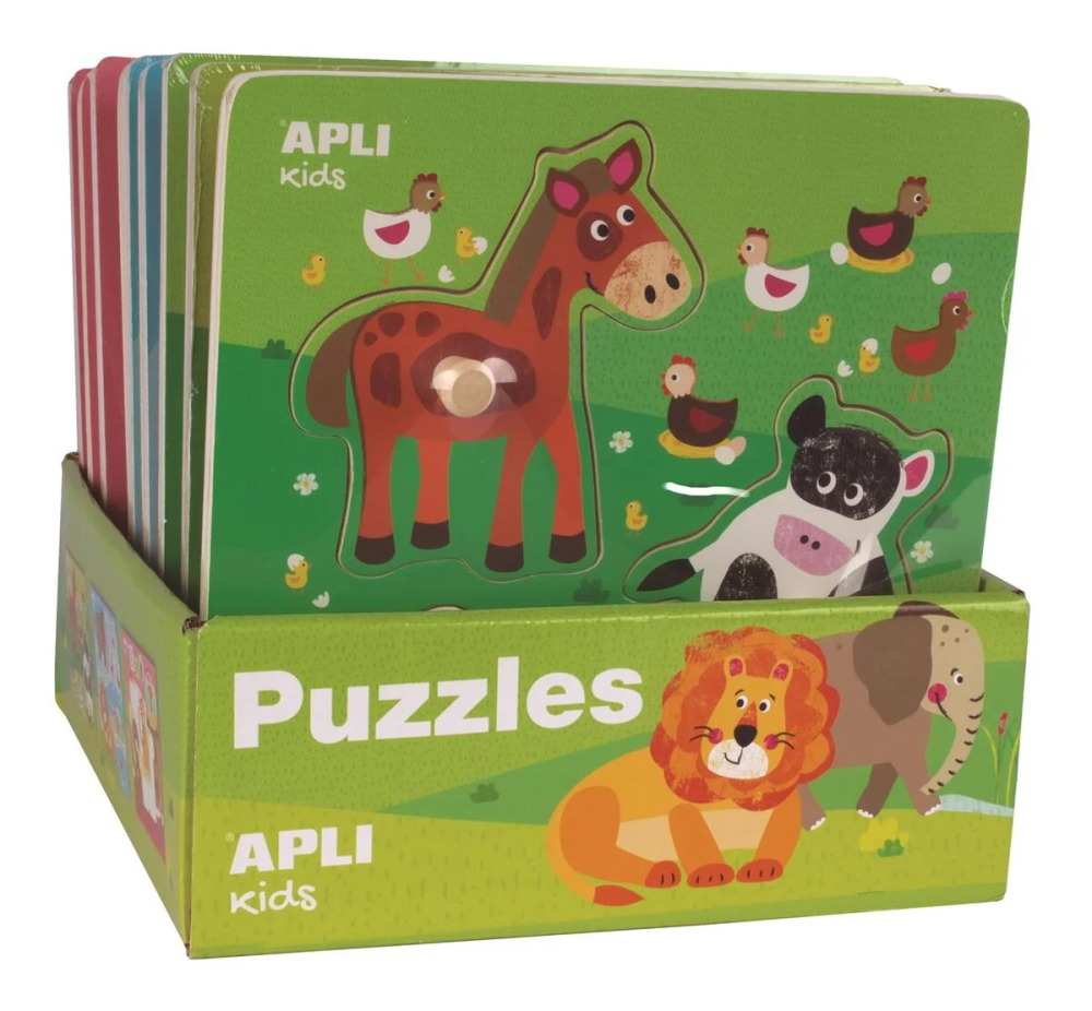 Puzzle en bois apli pieces emboitables animaux 3 modeles assortis presentoir 9u