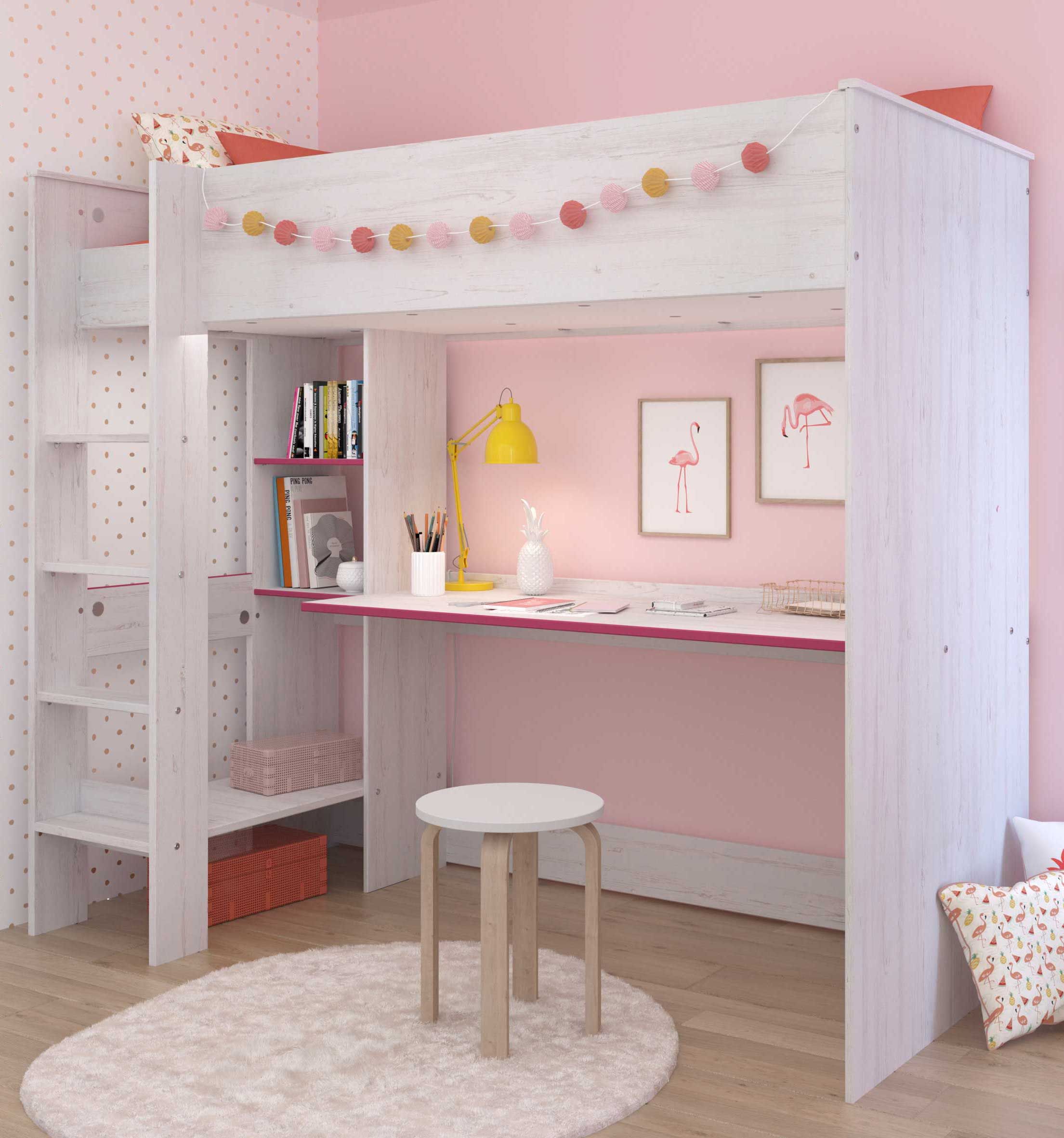 Lit surélevé Smiley blanc - avec bureau