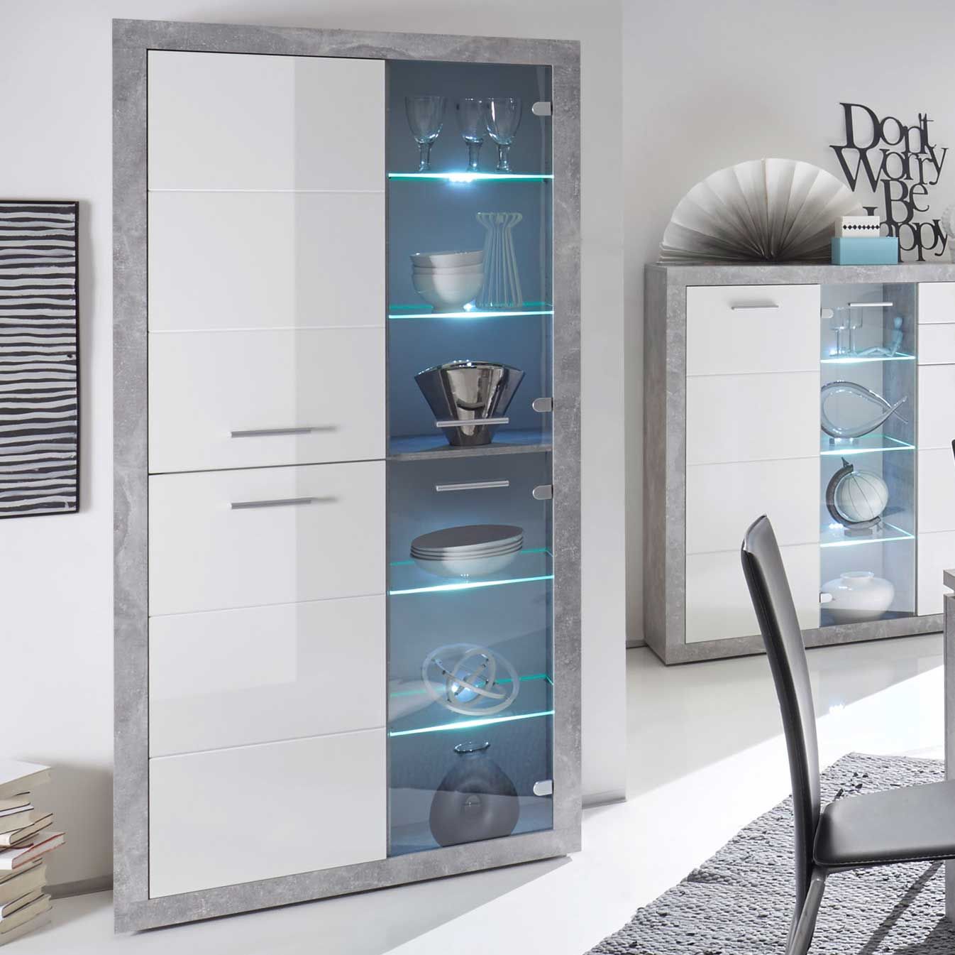 Armoire vitrine Inga 194H x 95L - béton/blanc