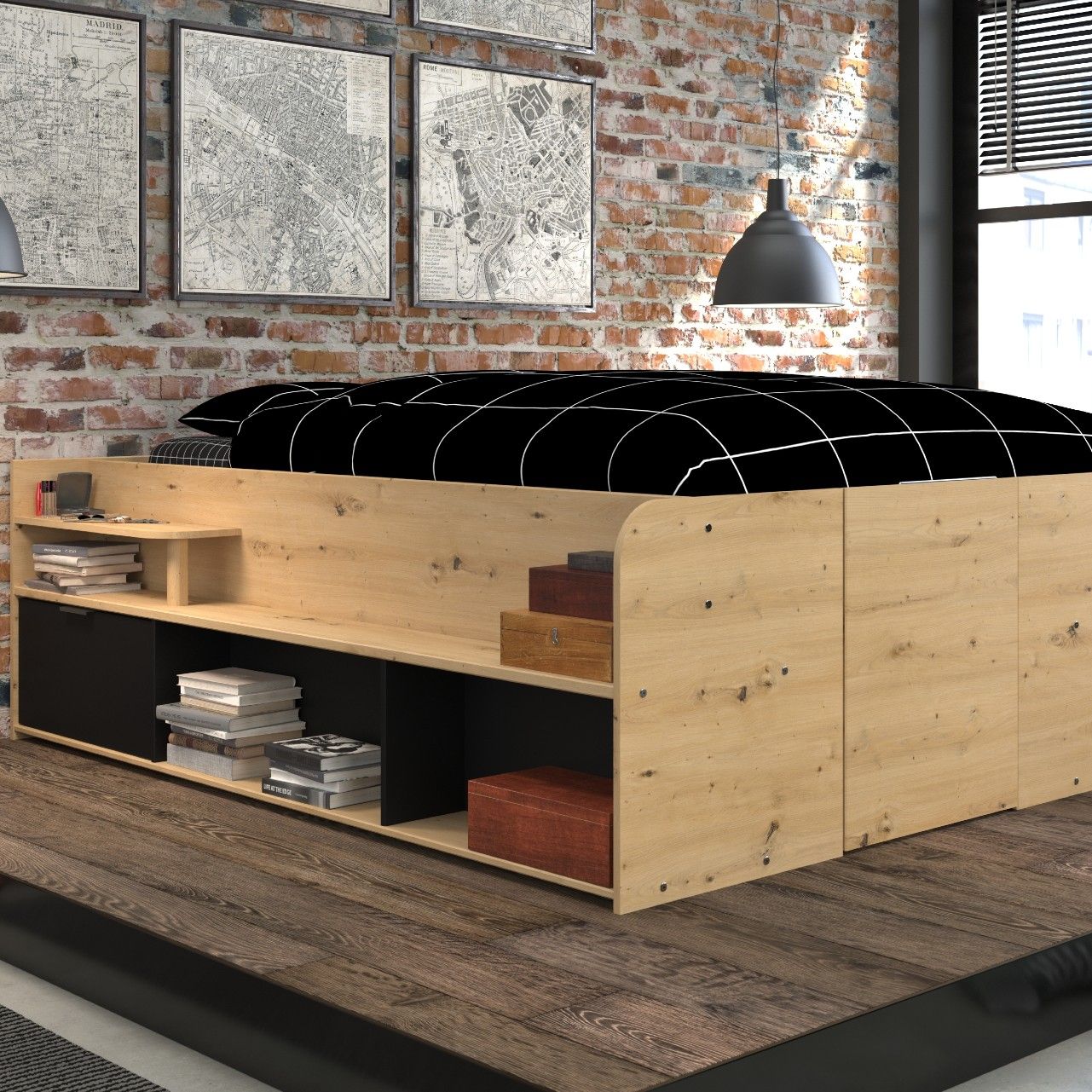 Lit avec espace de rangement Taravel 140x200 - chêne artisan