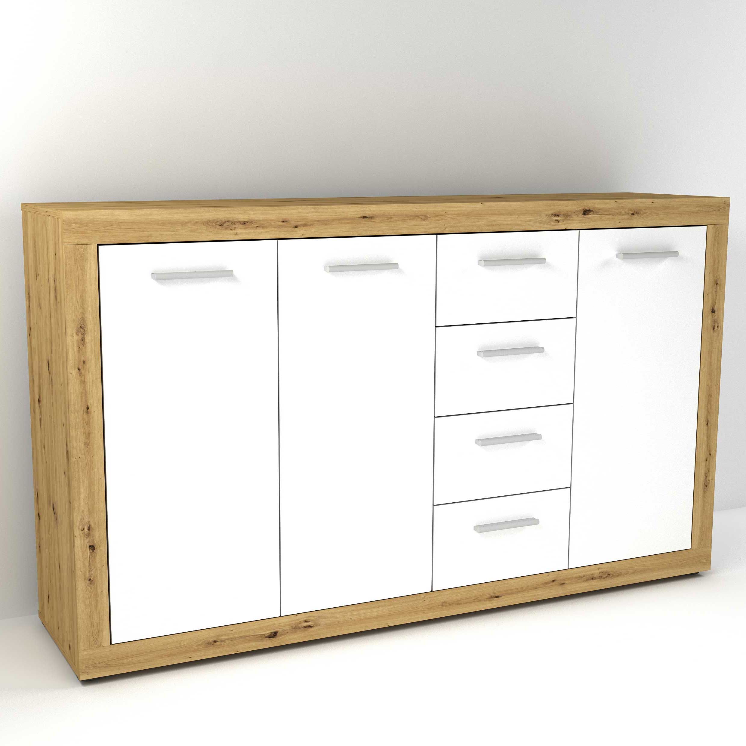 Commode Turbo 3 portes & 4 tiroirs - chêne vieilli/blanc brillant