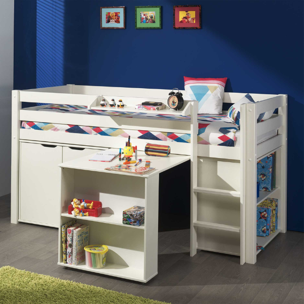 Lit mi-hauteur Charlotte avec étagère, bureau, bibliothèque et commode - blanc