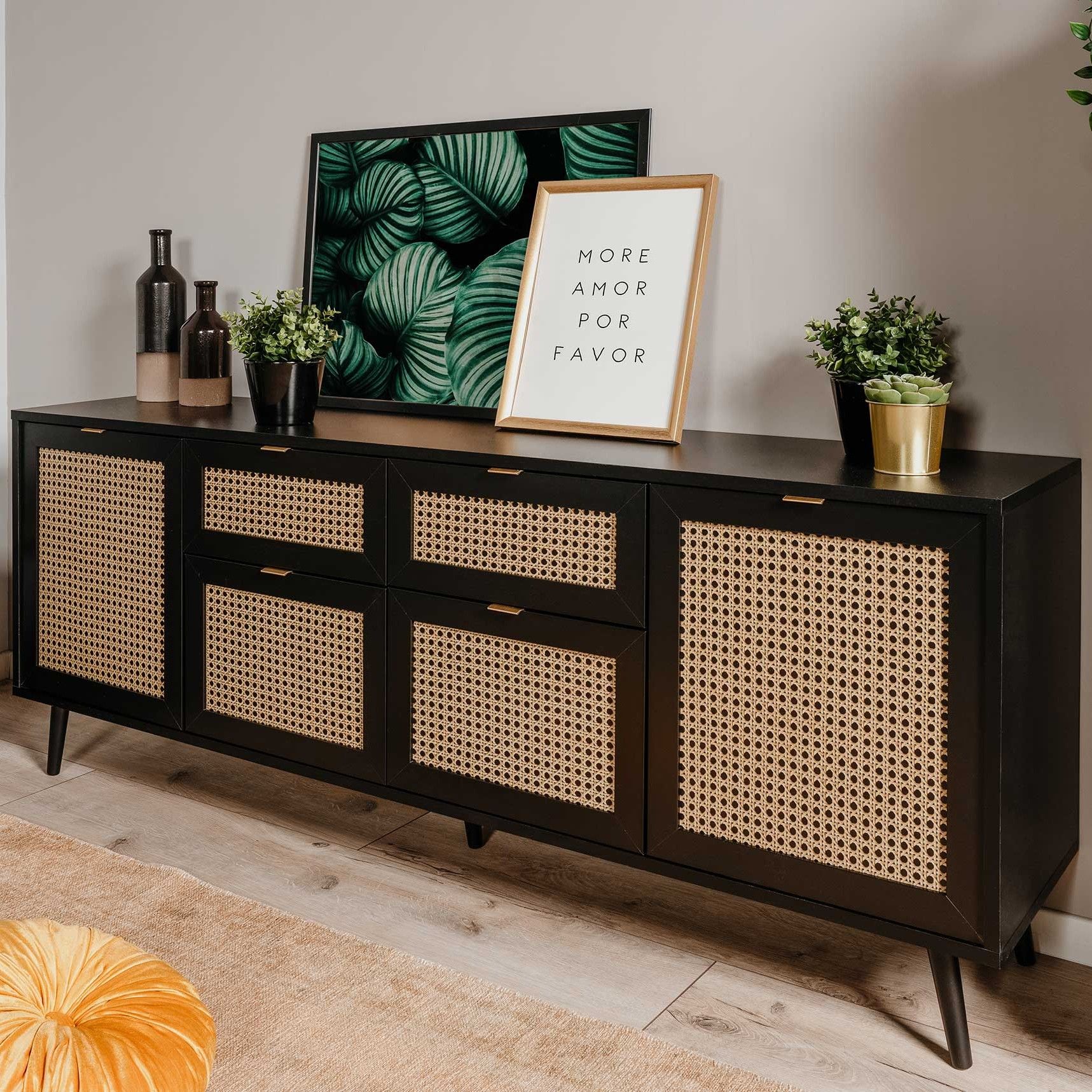 Bahut Daka 180cm 4 portes & 2 tiroirs - noir/beige