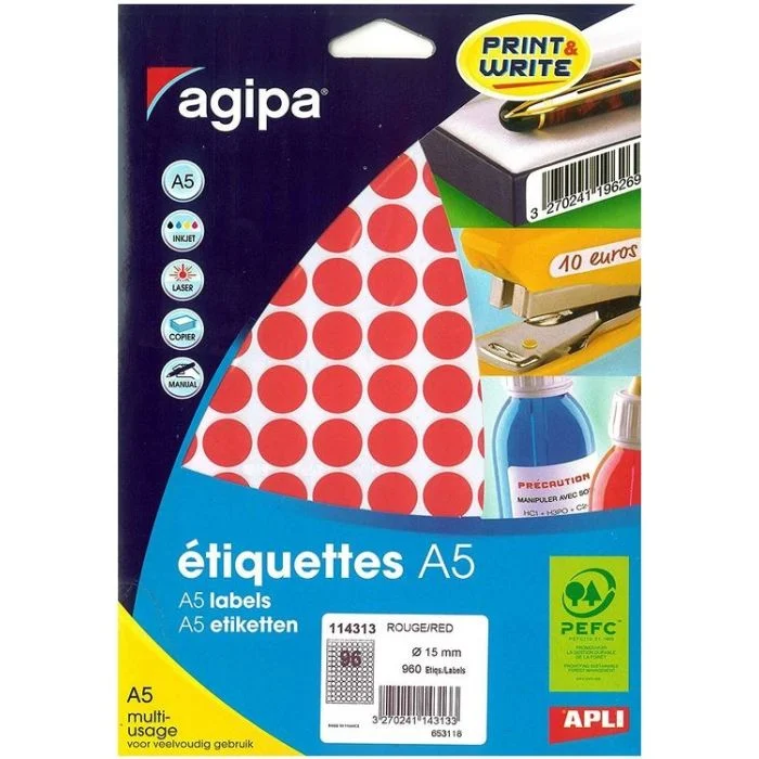 Pastilles adhésives 15 mm - Rouge AGIPA Lot de 960