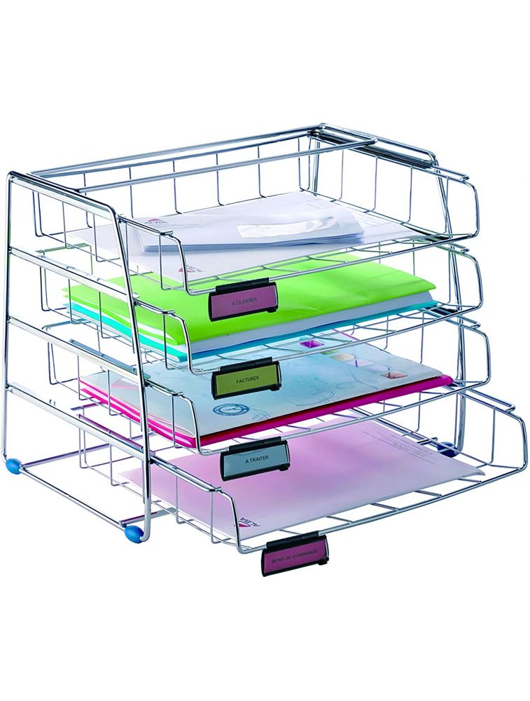 ALBA - COR3F - Set de 4 corbeilles Format à l'italienne en fil Métal chromé 4 x A4 Paysage