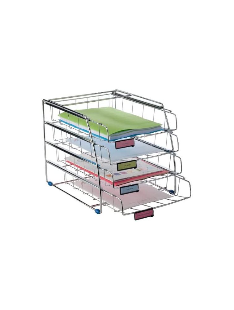 ALBA - COR4F - Set de 4 corbeilles à courrier coulissante en métal chromé avec porte étiquette 4 x A4 Portrait