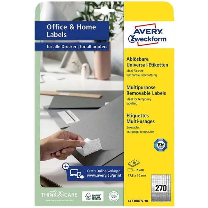 Étiquettes amovibles - Blanc - 17,8 x 10 mm AVERY Ecologique Lot de 8100