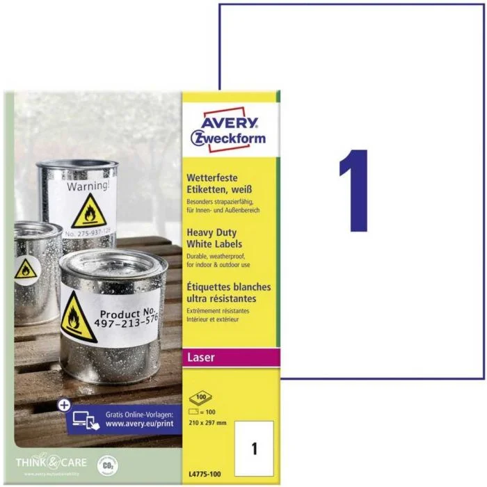 Étiquettes A4 ultra résistantes - 210 x 297 mm AVERY Lot de 100