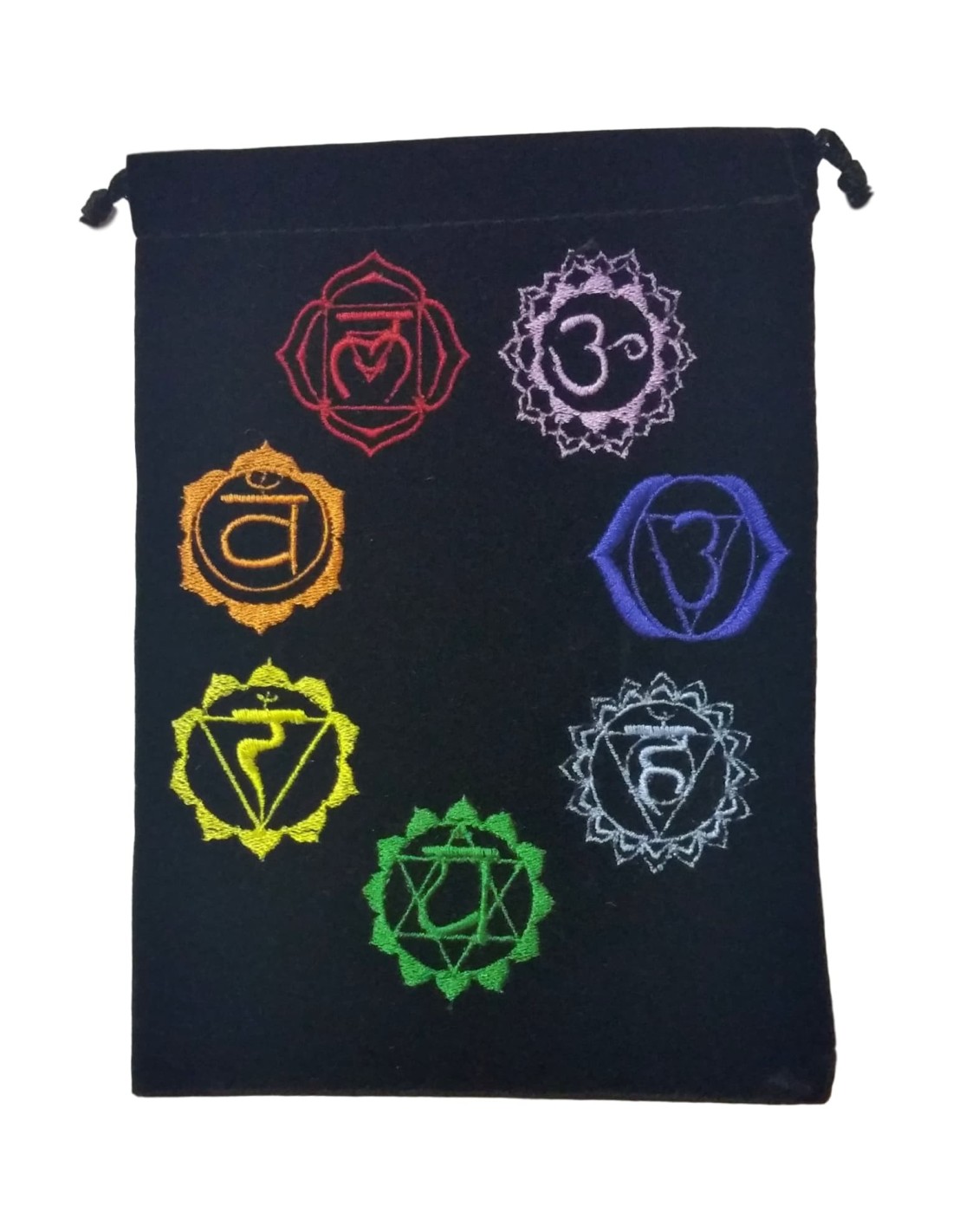 Bourse de rangement velours noire avec symboles des 7 chakras pour une organisation harmonieuse et énergisante