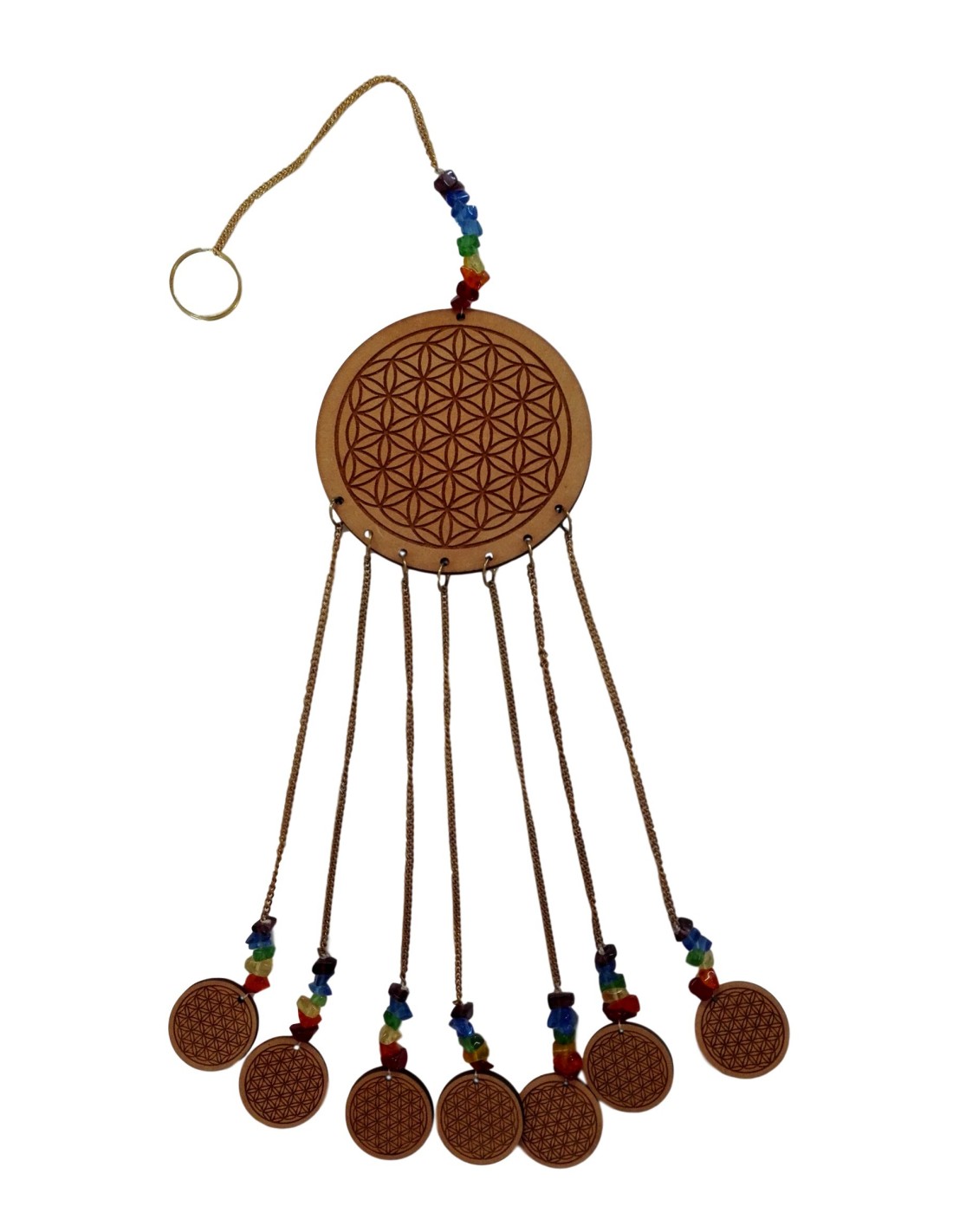 Carillon éthnique en bois avec suspensions des 7 chakras - Harmonisez votre esprit et votre environnement