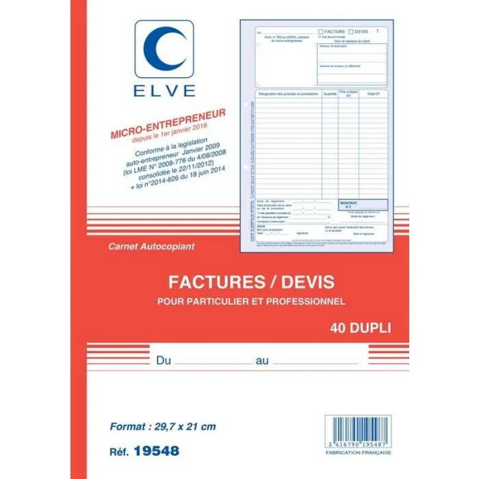 Facturier Auto-Entrepreneur ou Devis Carnet autocopiant A4 ELVE