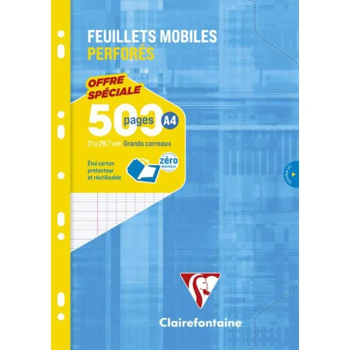 CLAIREFONTAINE Lot de 500 pages - Feuilles mobiles Grands Carreaux A4