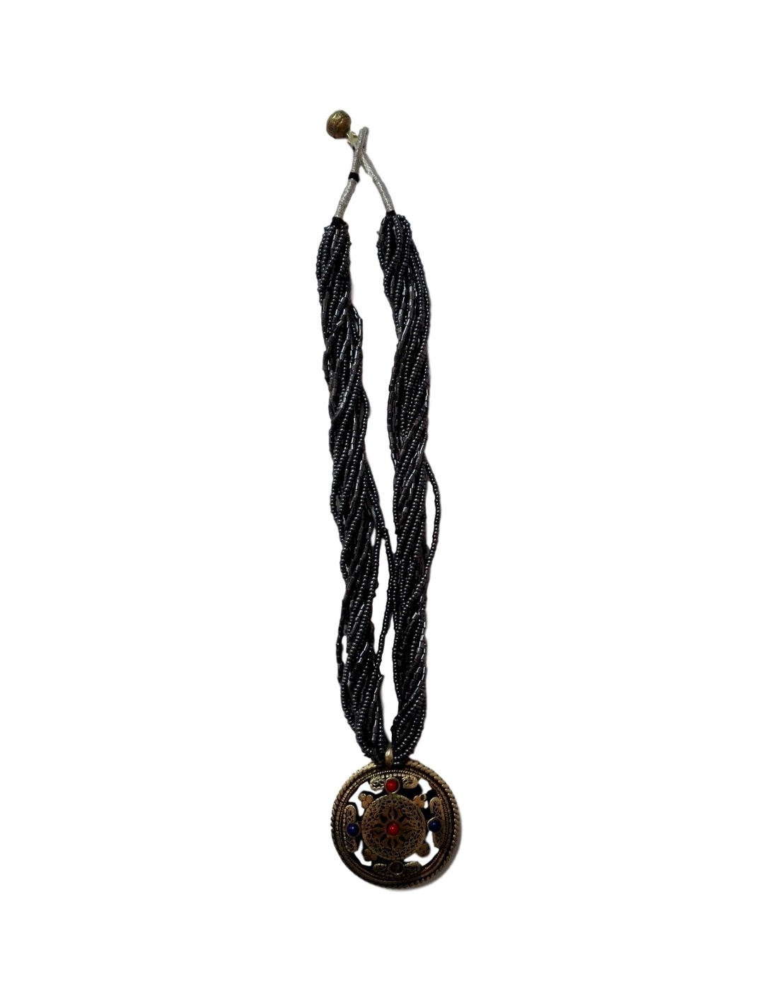 Collier en perle grise avec double amulette Om népalais - Élégance et protection spirituelle