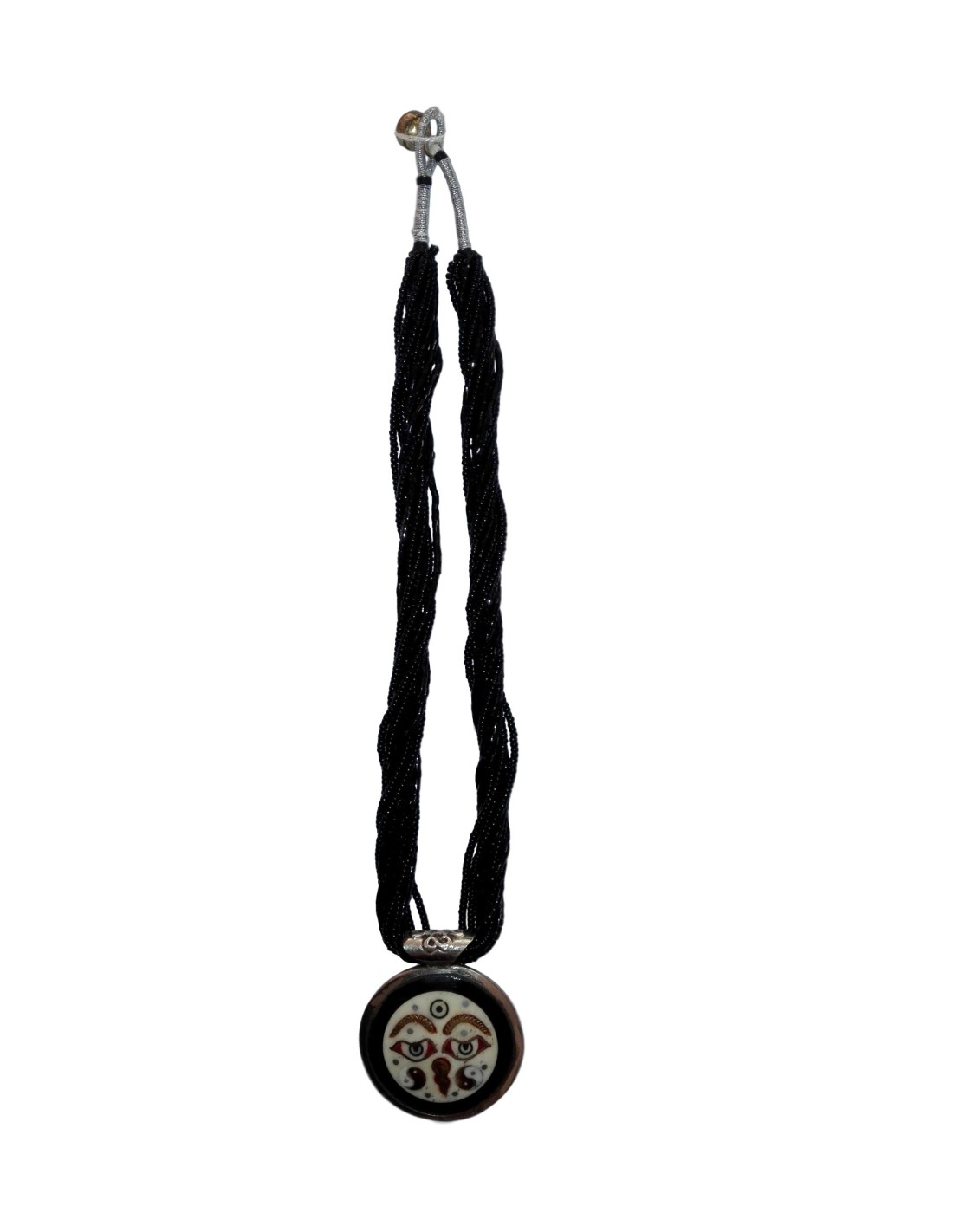 Collier en perle noire avec double amulette masque de Bouddha - Élégance et protection spirituelle en un seul bijou