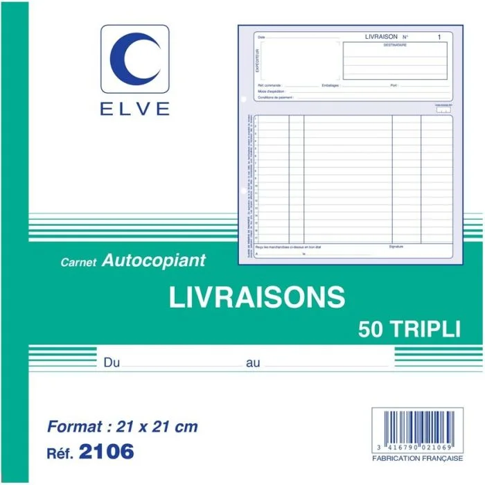 LIVRAISON Carnet 210 x 210 mm - Autocopiant Tripli ELVE
