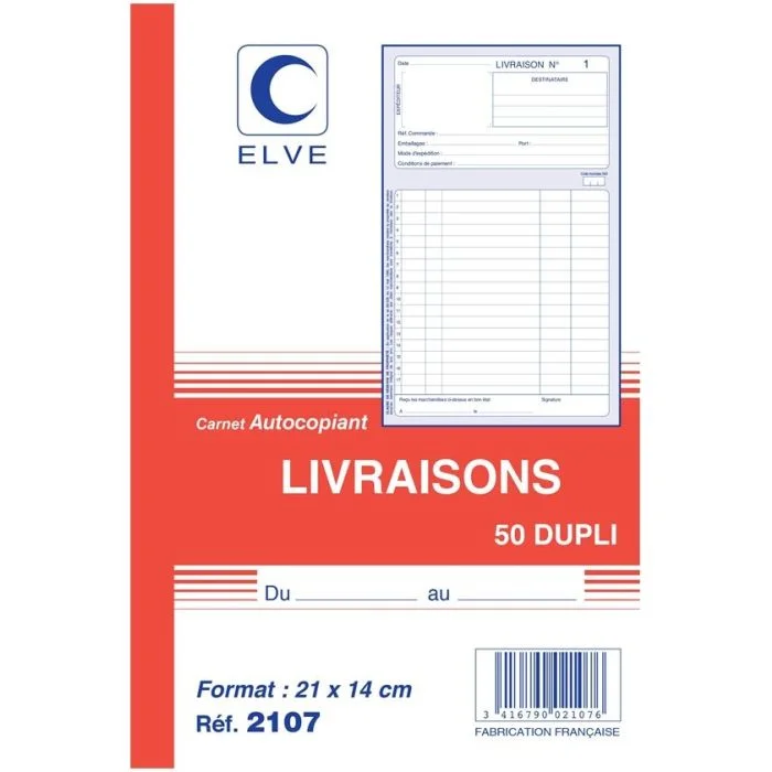 LIVRAISON Carnet 210 x 140 mm - Autocopiant Dupli ELVE