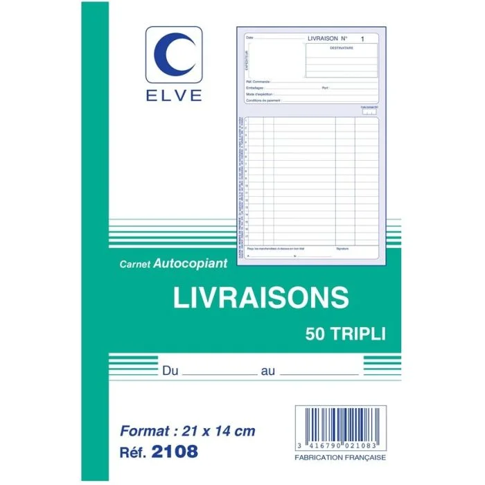 LIVRAISON Carnet 210 x 140 mm - Autocopiant Tripli ELVE