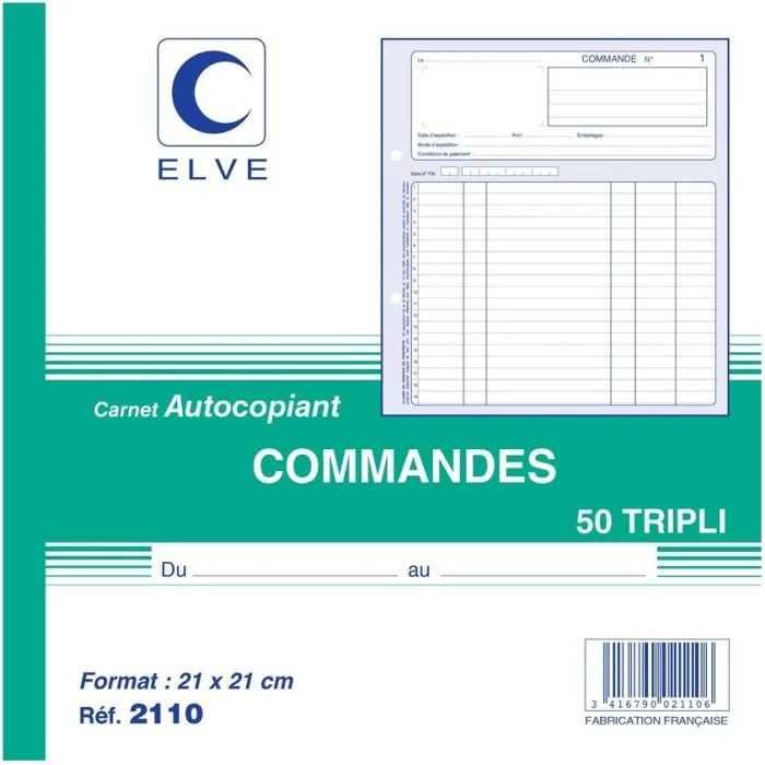 COMMANDE Carnet 210 x 210 mm - Autocopiant Tripli ELVE