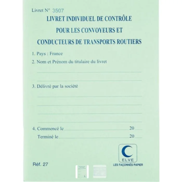 Carnet de Contrôle des conducteurs de transports routiers ELVE
