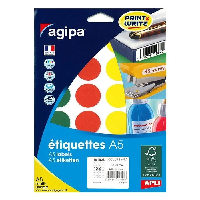 Pastilles adhésives rondes - 30 mm - Assortiment AGIPA Lot de 168