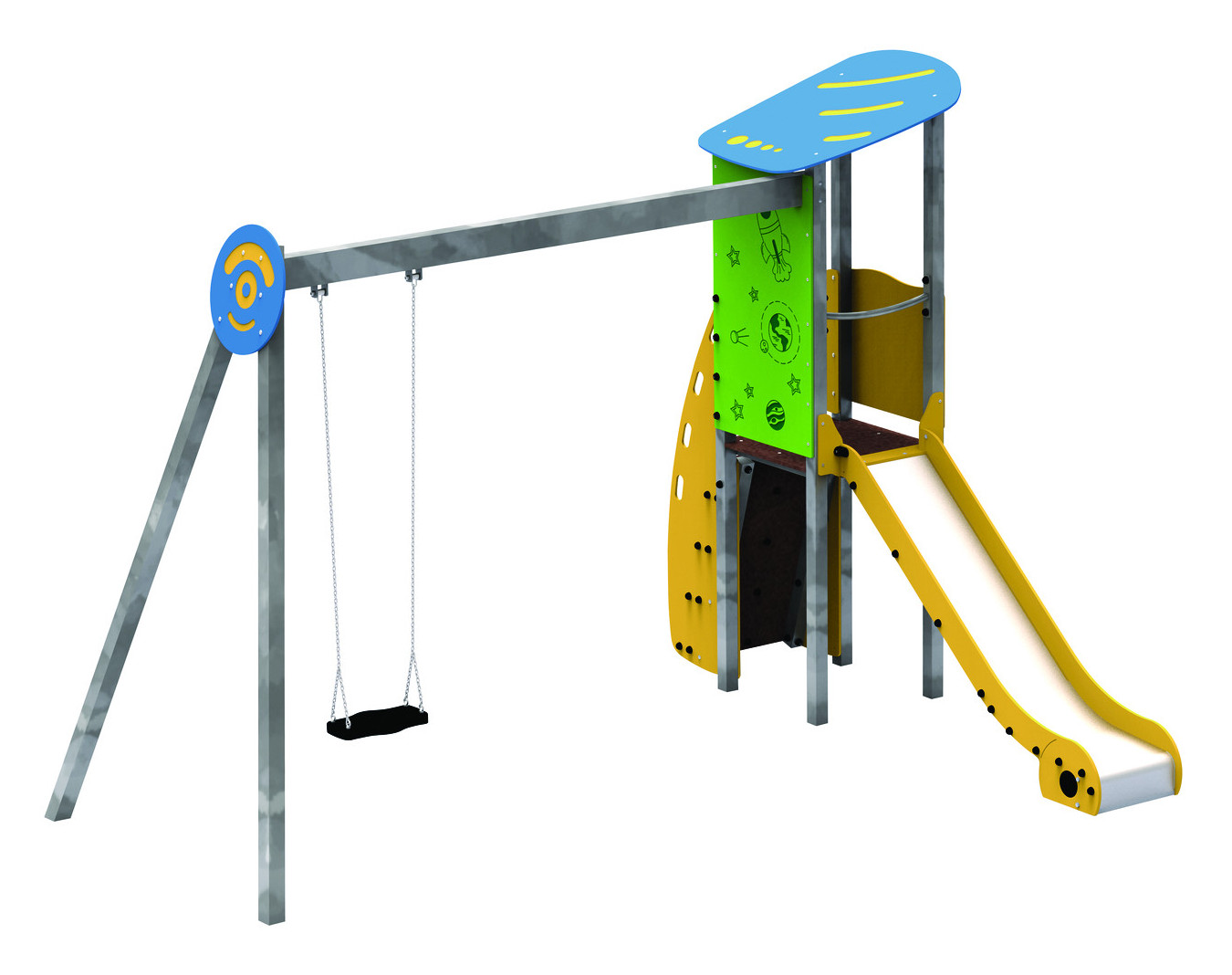 Jeu tourelle Planète avec portique et toboggan