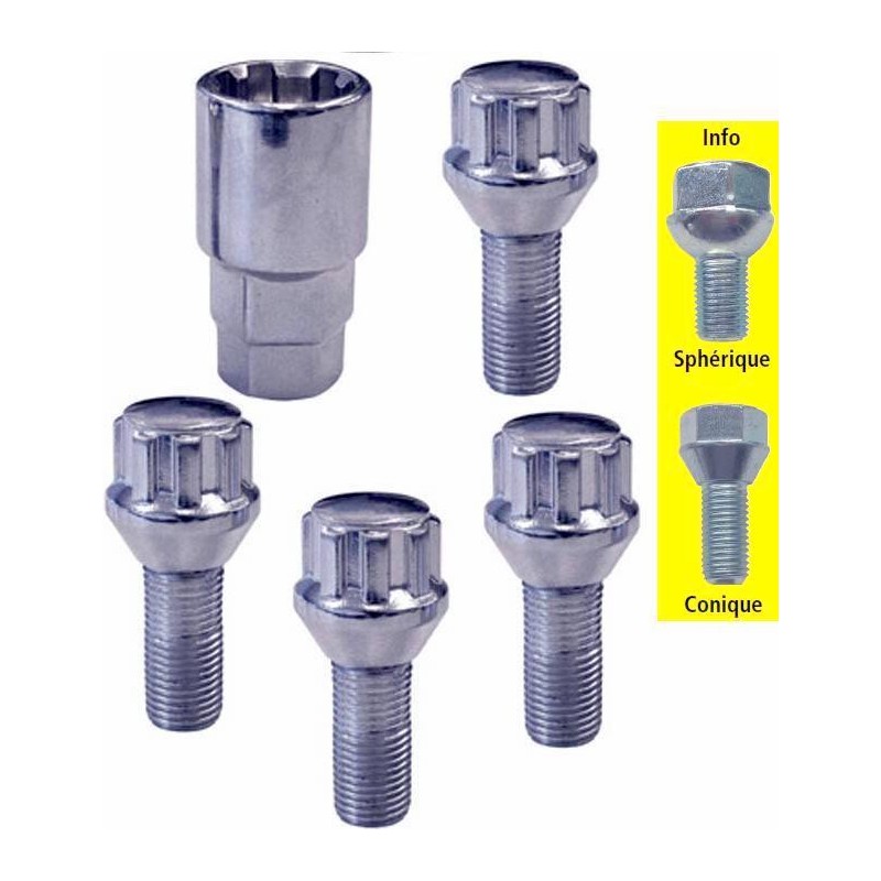 Lot de 4 vis antivol de roue M12 sphérique