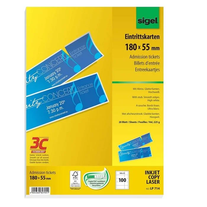Billets d' Entrée à imprimer - 180 x 55 mm - Blanc SIGEL