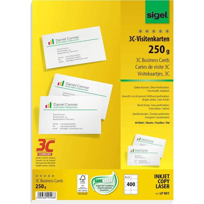 Lot de 400 Cartes de Visite 3C extra blanches - 85 x 55 mm SIGEL
