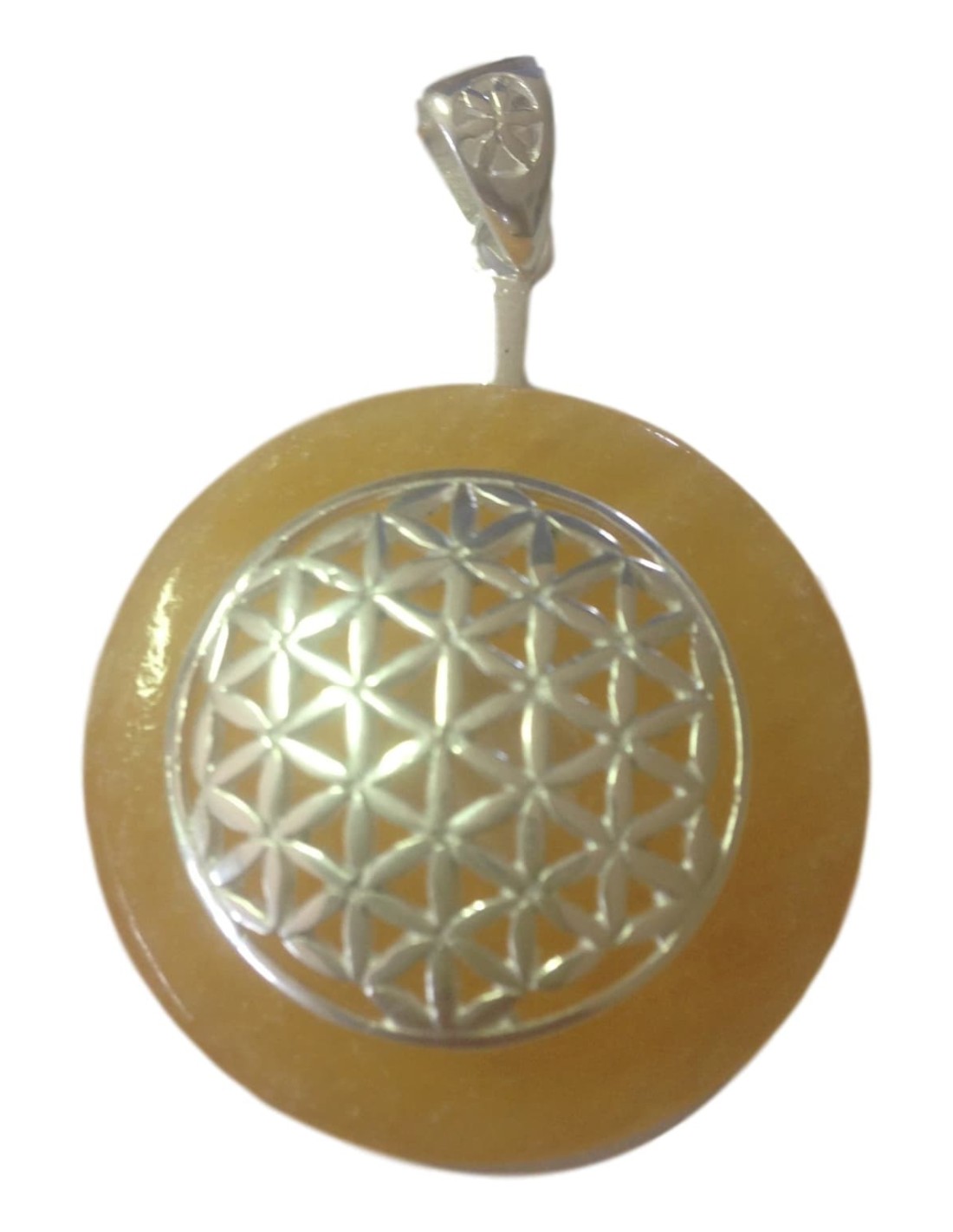 Pendentif Donut en Calcite Jaune avec Fleur de Vie - Harmonie et Énergie Positive