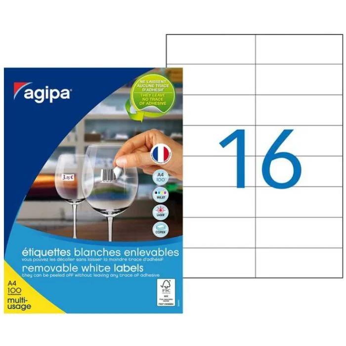 Etiquettes adhésives amovibles - 105 x 37 mm - Blanc AGIPA Lot de 1600